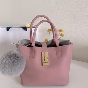 Pink Leather Hand Bag with Cute Grey Fluffy Ball